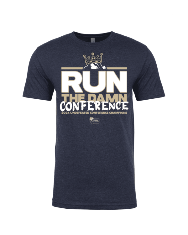 A navy blue t-shirt with the words " run the damn conference ".