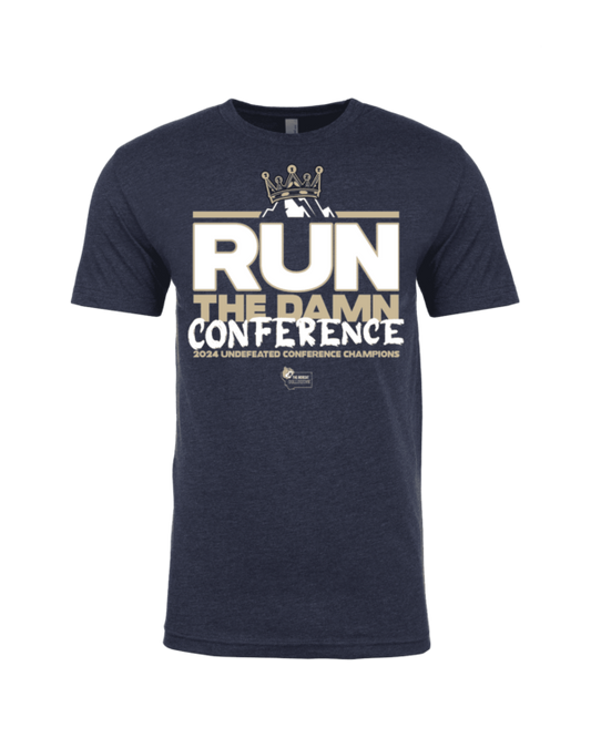 A navy blue t-shirt with the words " run the damn conference ".