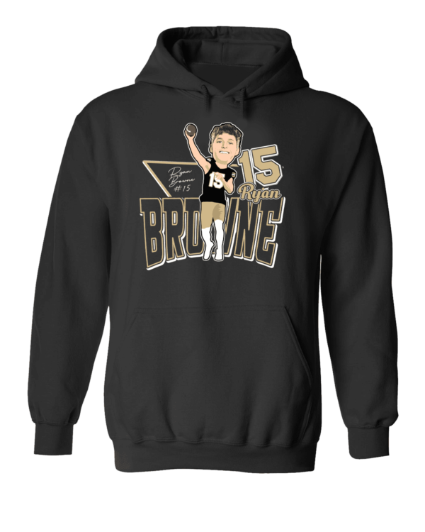 A black hoodie with a cartoon of a baseball player.