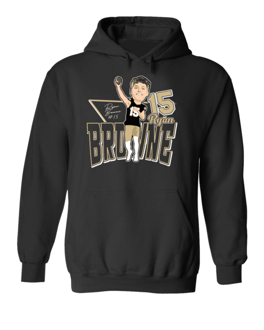 A black hoodie with a cartoon of a baseball player.