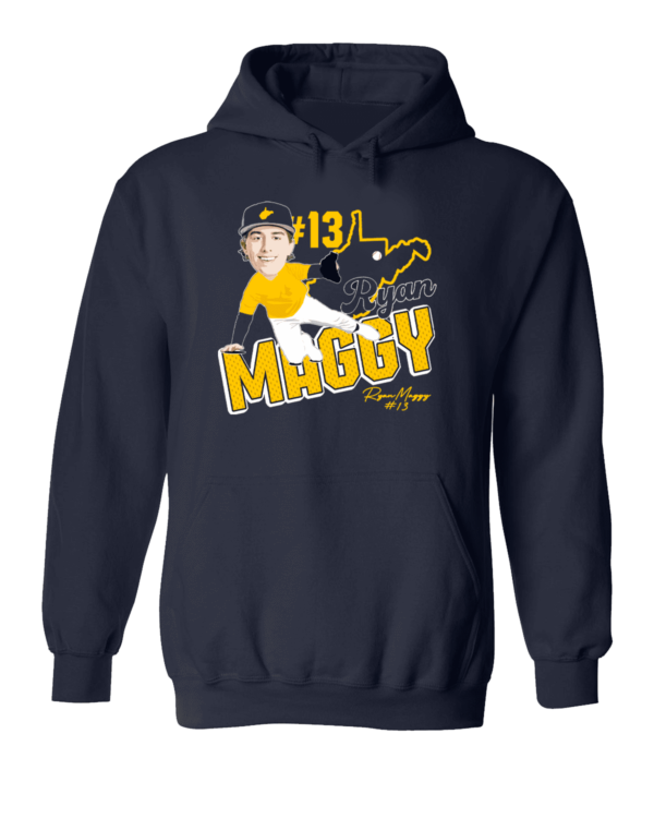 A navy blue hoodie with an image of a baseball player.