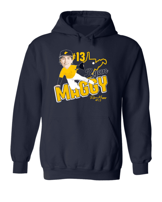 A navy blue hoodie with an image of a baseball player.