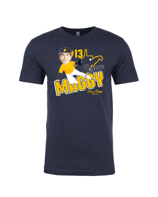 A navy blue t-shirt with a picture of a baseball player.