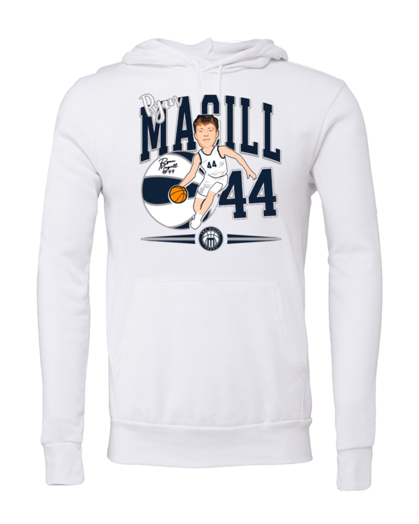 A white hoodie with a cartoon of a man holding a basketball.