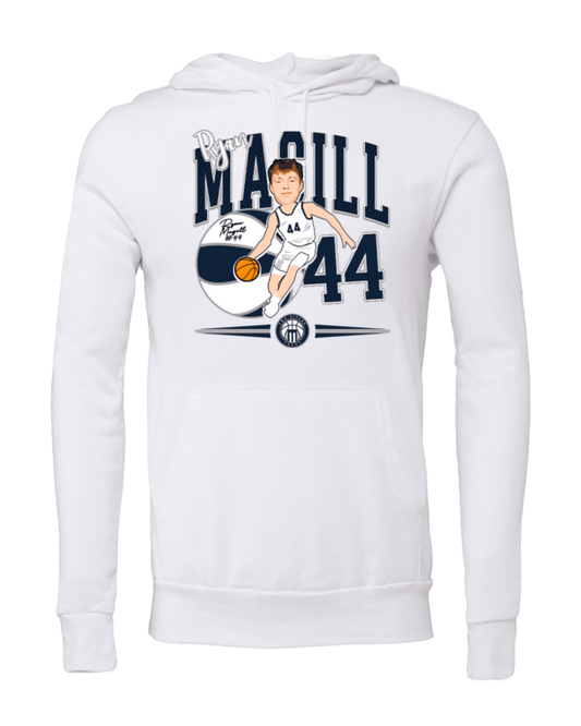 A white hoodie with a cartoon of a man holding a basketball.