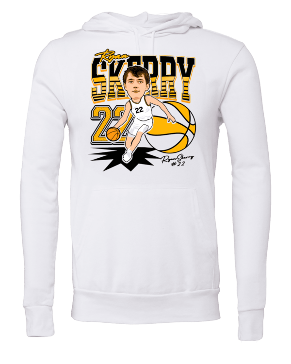 A white sweatshirt with an illustration of a basketball player.