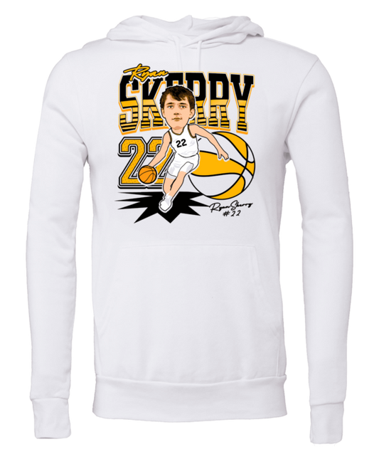 A white sweatshirt with an illustration of a basketball player.