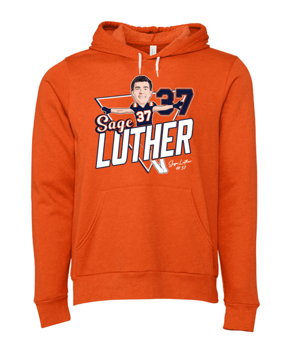 A hooded sweatshirt with an image of sage luther.