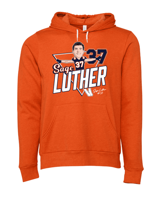 A hooded sweatshirt with an image of sage luther.