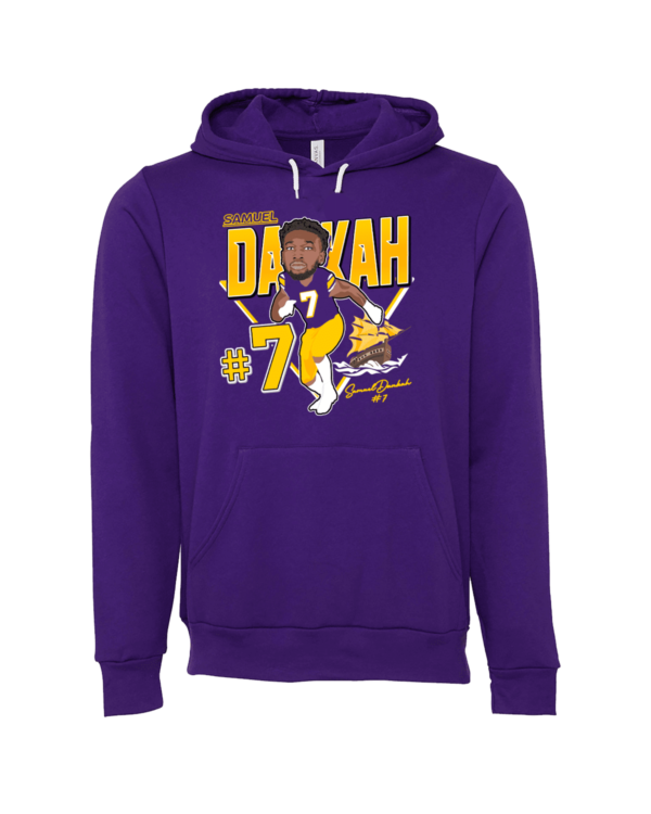 A purple hoodie with a picture of a person and the name daxah.