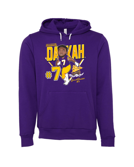 A purple hoodie with a picture of a person and the name daxah.