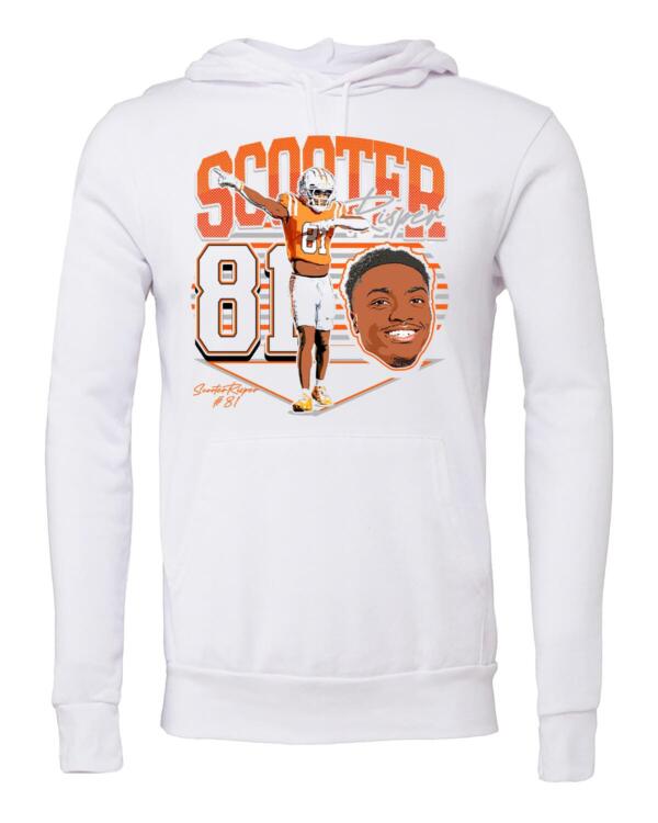 A white hoodie with an image of a football player.