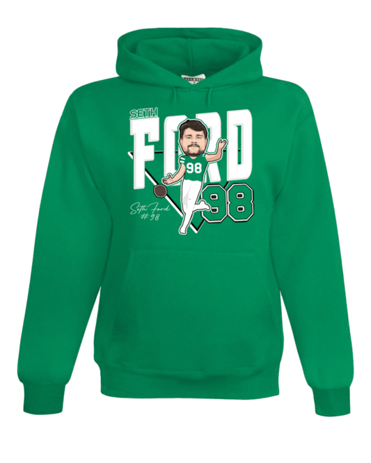 A green hoodie with a caricature of a man holding a baseball bat.