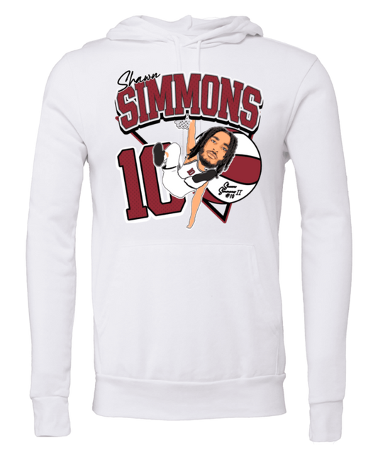 A white sweatshirt with the name simmons and an image of a person.