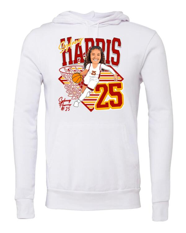 A white sweatshirt with an image of a baseball player.