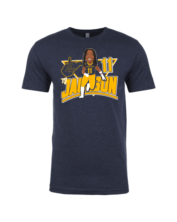 A navy blue t-shirt with an image of a man and the words " jackson."