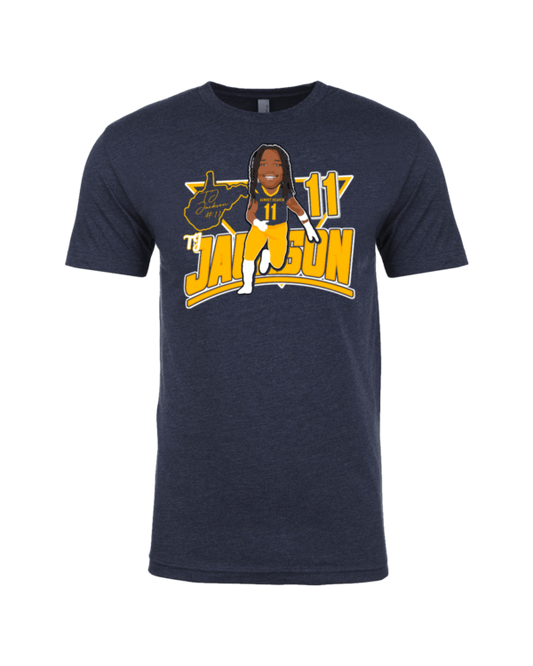 A navy blue t-shirt with an image of a man and the words " jackson."