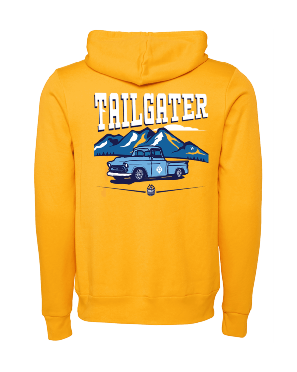 A yellow hoodie with an image of a truck and mountains.