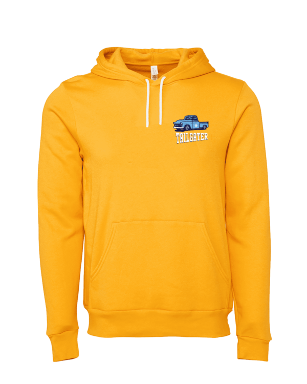 A yellow hoodie with a truck on it.