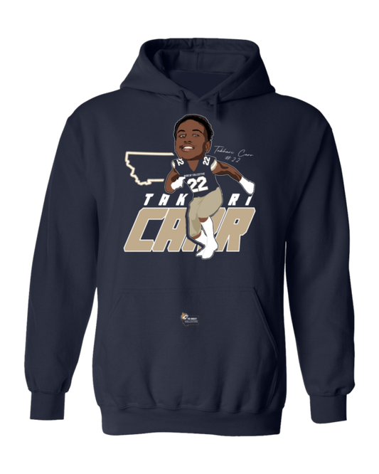 A navy blue hoodie with an illustration of a player.