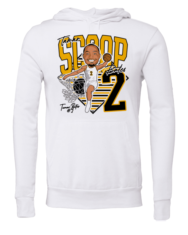 A white sweatshirt with a caricature of snoop dogg.