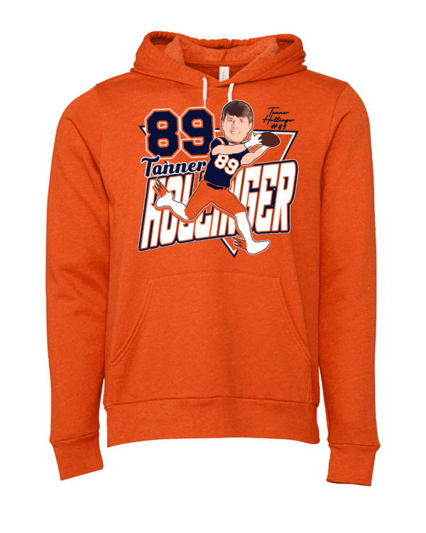 A picture of an orange hoodie with a hockey player on it.