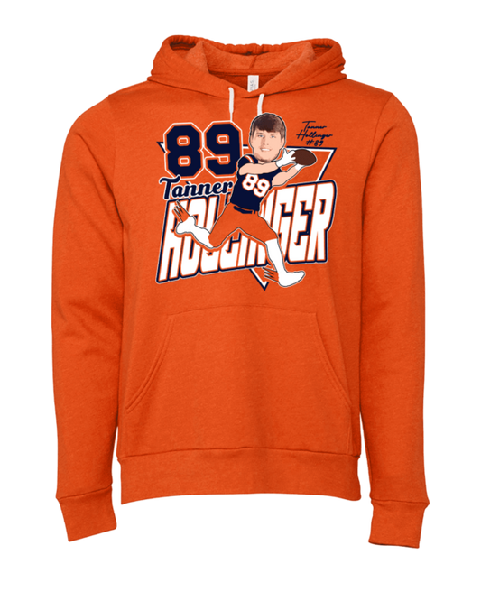 A picture of an orange hoodie with a hockey player on it.