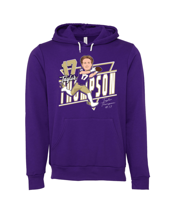 A purple hoodie with an image of a person.