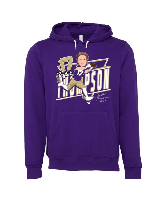 A purple hoodie with an image of a person.