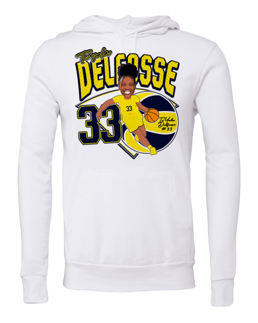 A white sweatshirt with a picture of a basketball player.