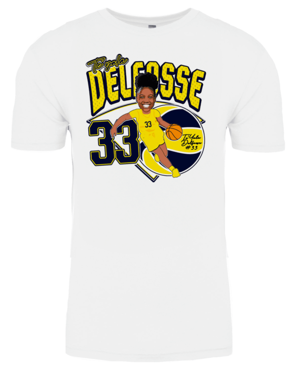 A white t-shirt with a picture of a basketball player.