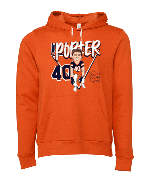 A person wearing an orange hoodie with the number 4 0 on it.