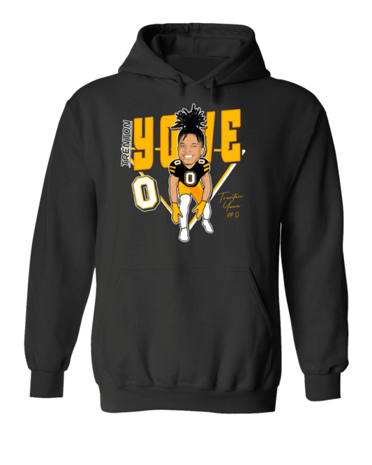 A black hoodie with a picture of a baseball player.