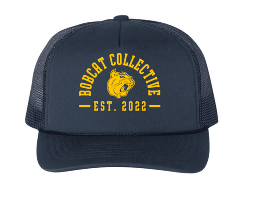 A navy blue hat with the name of bobcat collective est. 2 0 2 2 on it