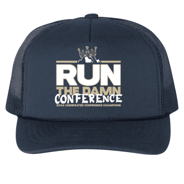 A black hat with the words " run the damn conference."