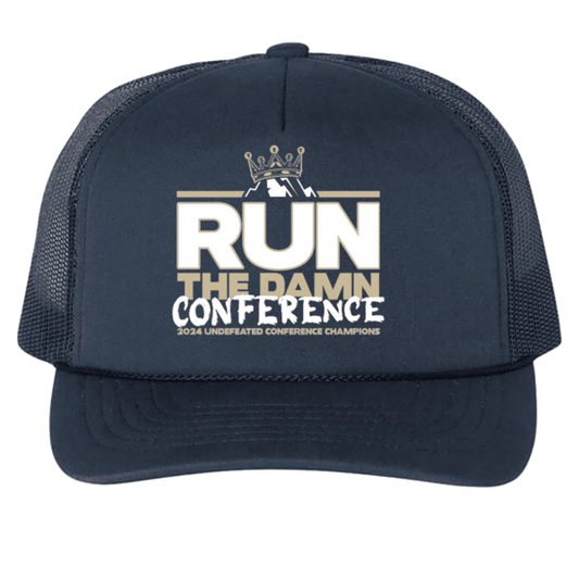 A black hat with the words " run the damn conference."