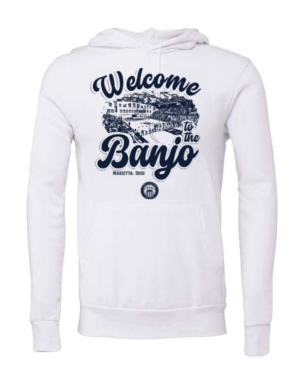 A white hoodie with the words " welcome to banjo ".