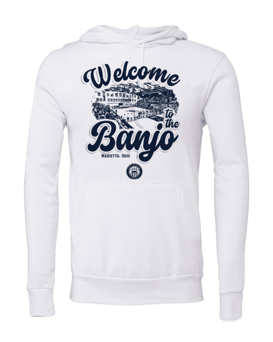 A white hoodie with the words " welcome to banjo ".