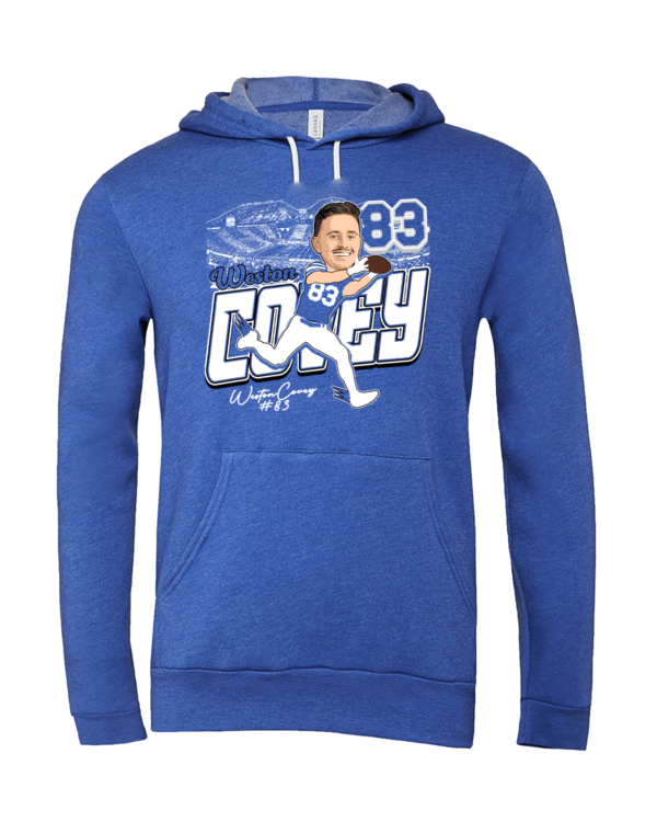 A blue hoodie with an image of a baseball player.