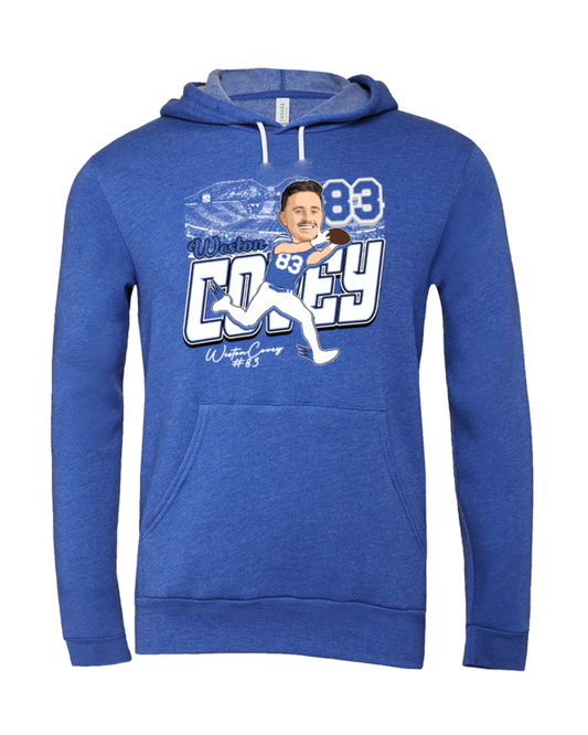 A blue hoodie with an image of a baseball player.