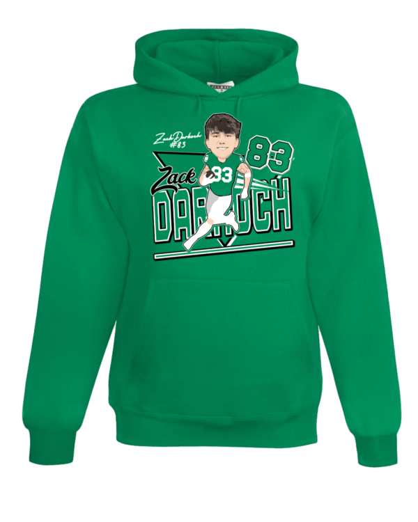 A green hoodie with a picture of a baseball player.