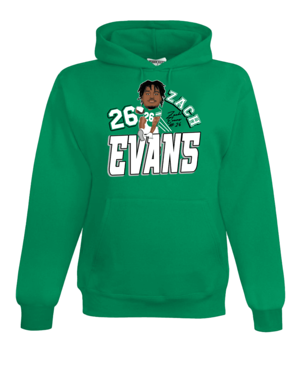 A green hoodie with an image of zach evans on it.