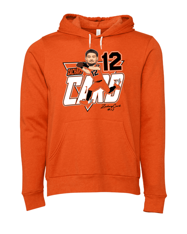 A man in an orange hoodie with the number 1 2 on it.