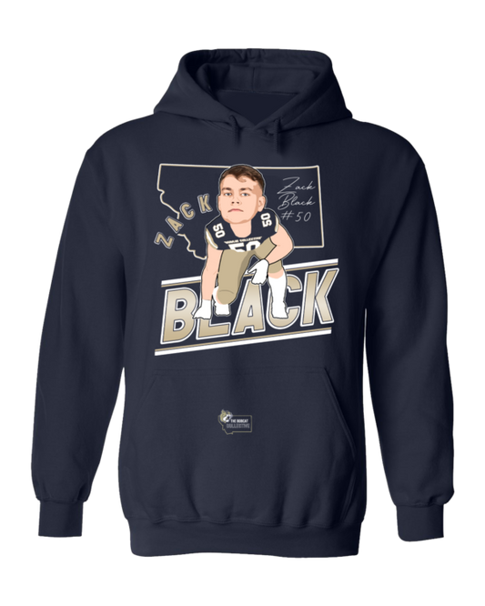 A black hoodie with a picture of a man in the middle.