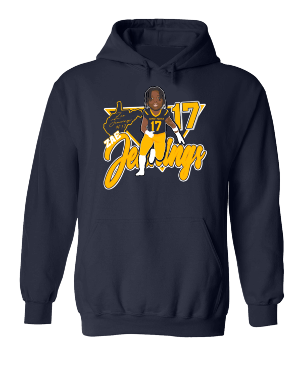 A navy blue hoodie with an image of a man in yellow and black.