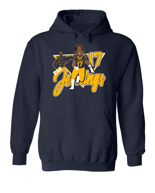 A navy blue hoodie with an image of a man in yellow and black.