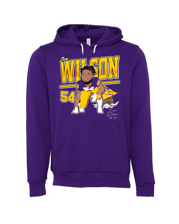 A purple hoodie with a caricature of the lakers mascot.