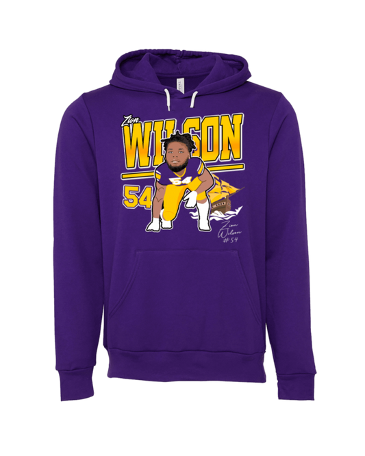 A purple hoodie with a caricature of the lakers mascot.