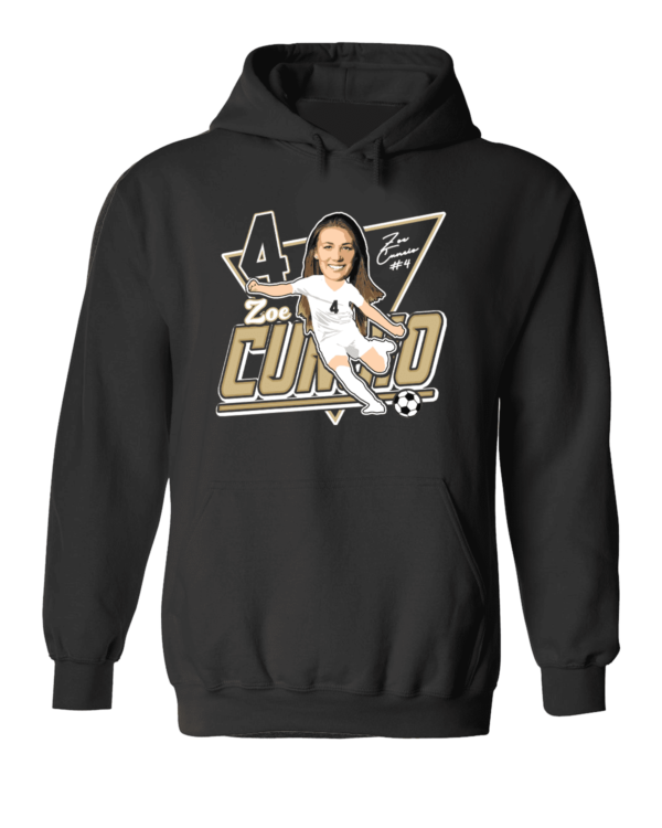 A black hoodie with a picture of a woman on it.