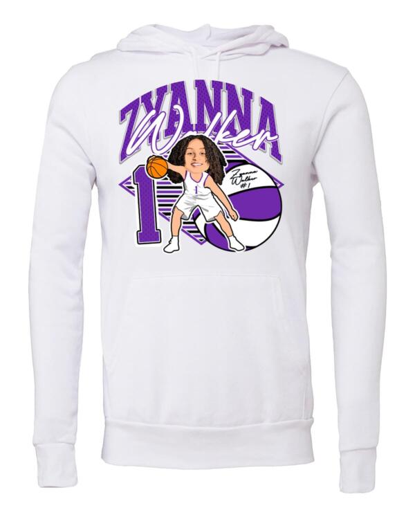 A white sweatshirt with an image of a woman holding a basketball.